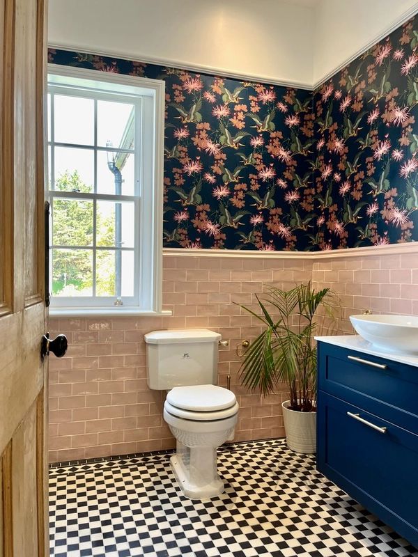 chevron tiled bathroom, navy blue chevron tiles,lefroy brooks, walk in brass shower panel