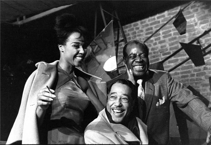 Duke Ellington, Louis Armstrong, and Diahann Carroll on the set of "Paris Blues" in 1960; photo by Herman Leonard