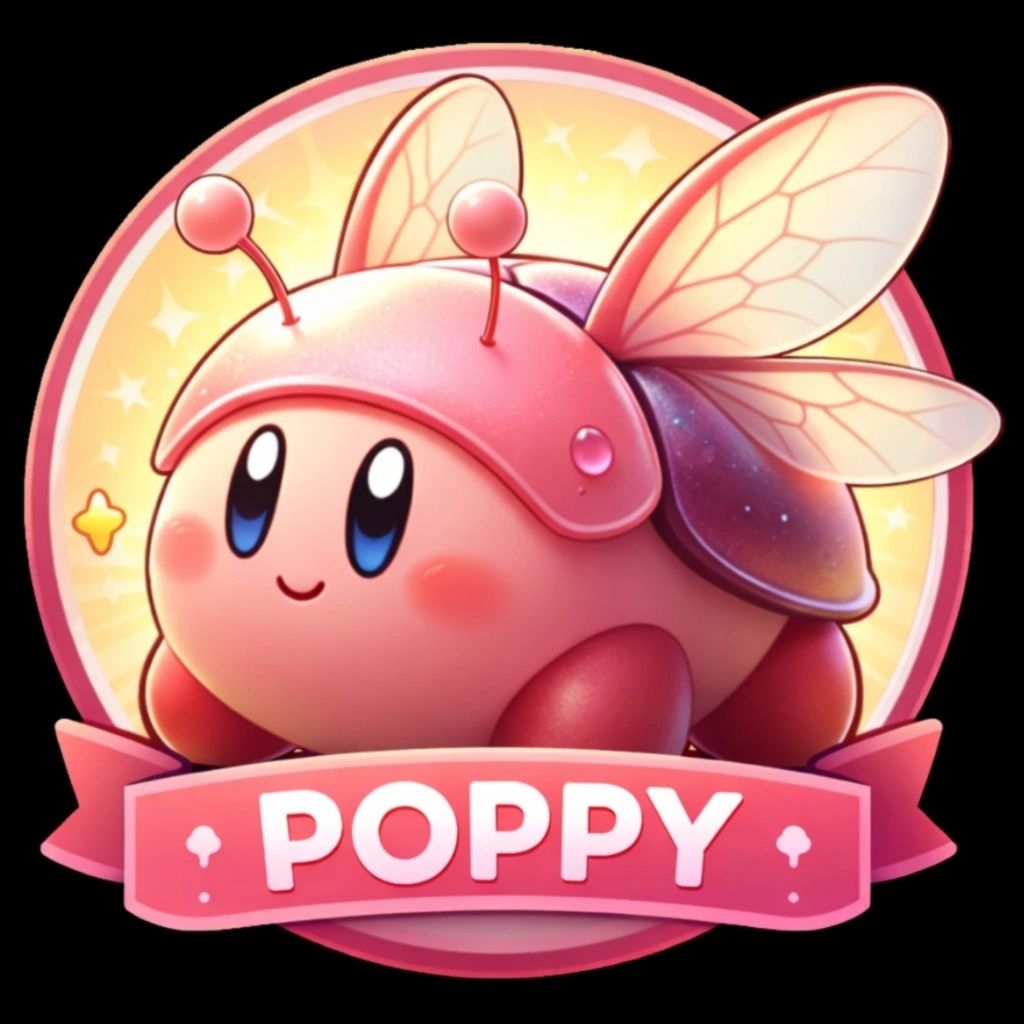Cute cartoon bug named Poppy with antennae and wings, smiling brightly.