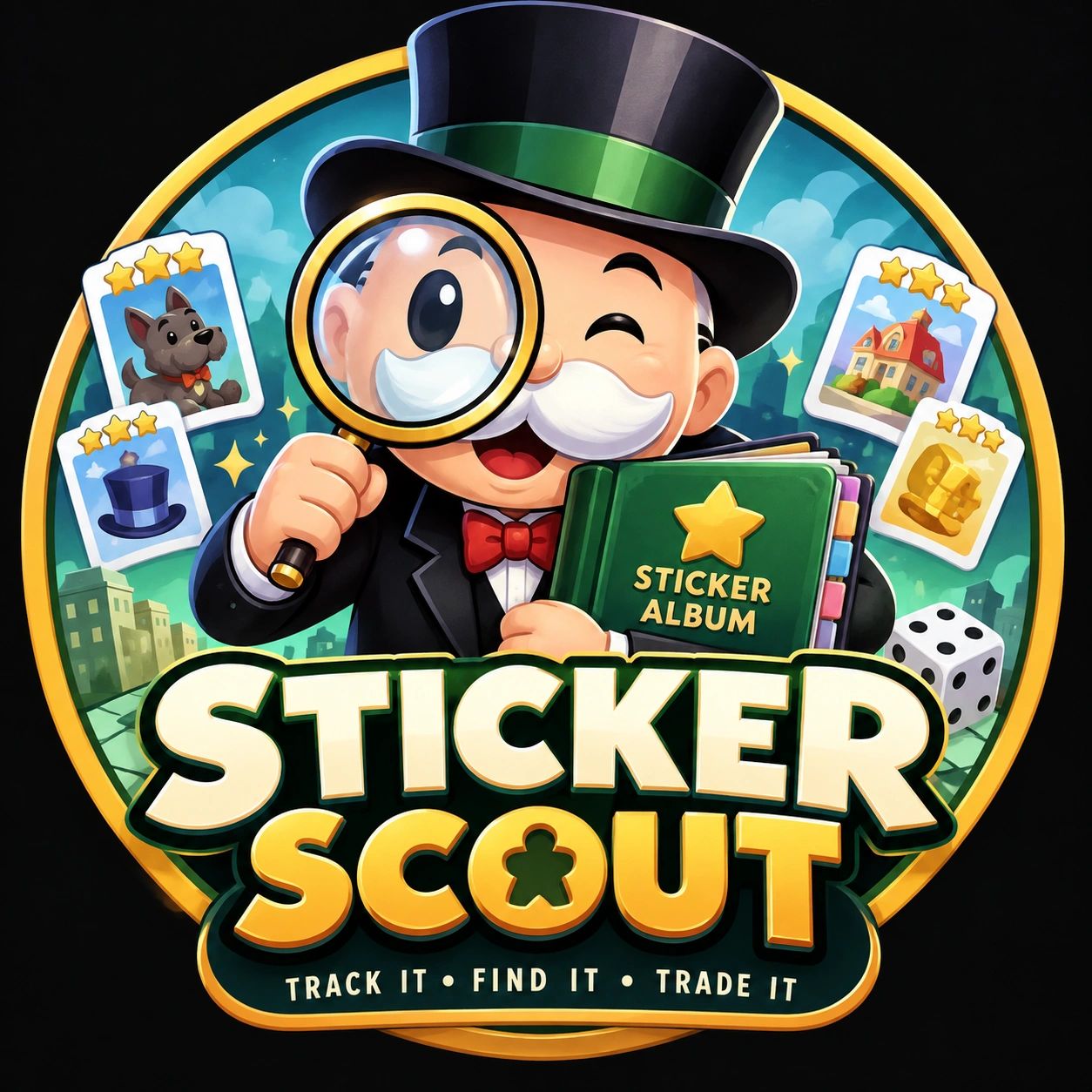 Sticker Scout game logo with a character holding a magnifying glass.