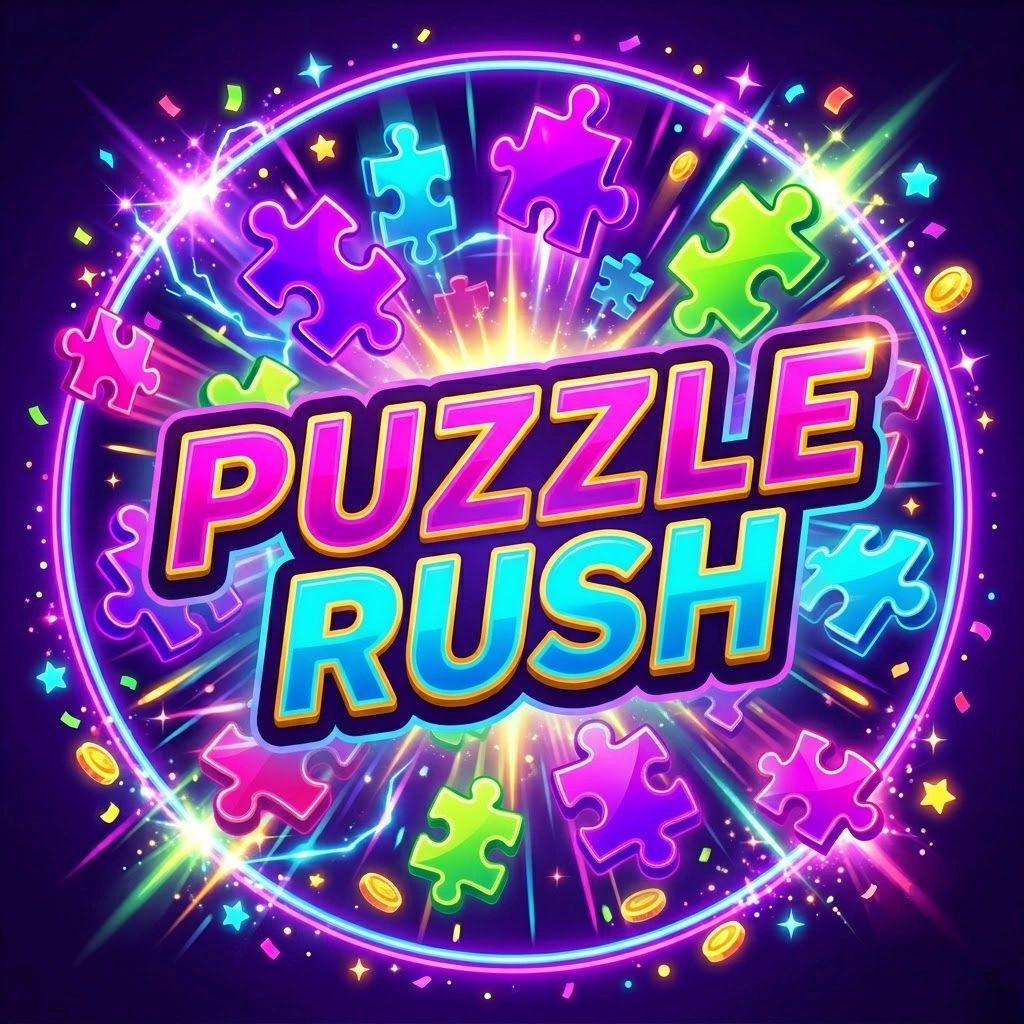 Vibrant neon puzzle pieces surround the glowing text 'PUZZLE RUSH'.