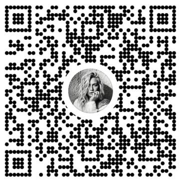 A stylized black and white QR code with a woman's portrait in the center.