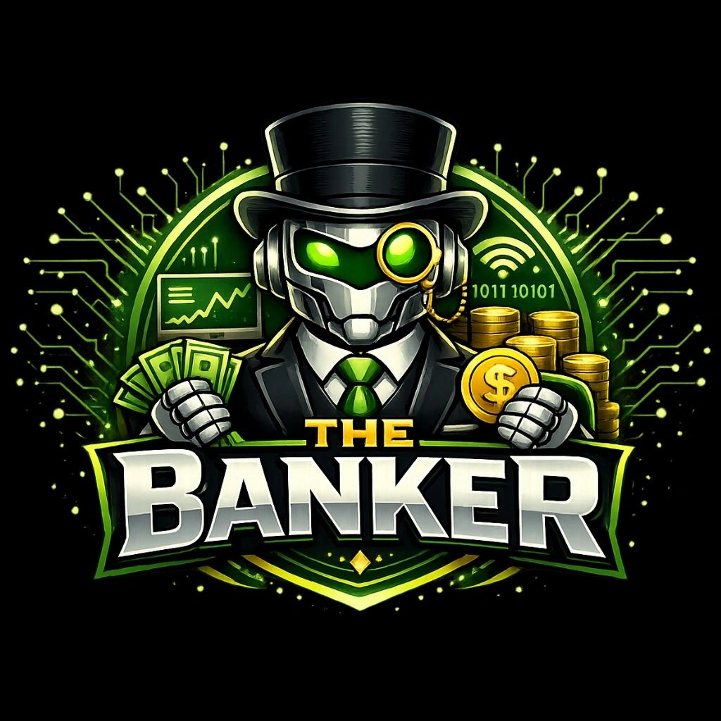 Robot banker in a top hat holding cash and coins, with digital finance symbols.