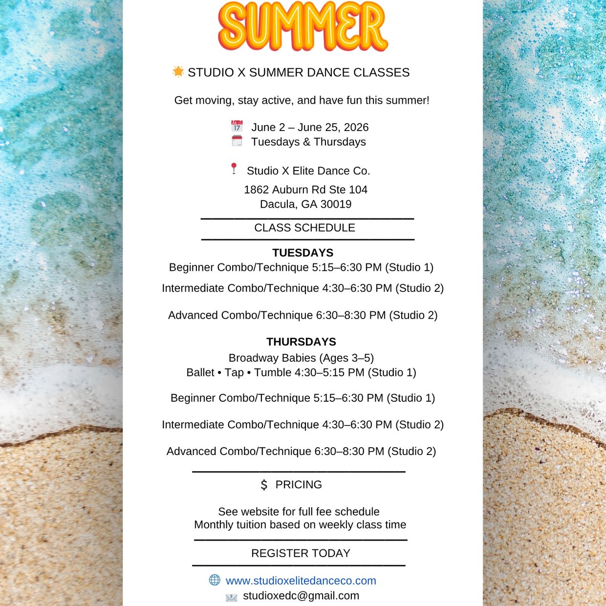 Studio X offers summer dance classes in June 2026 with various schedules and skill levels.