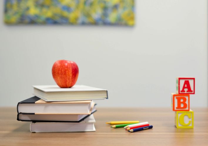 Stack of books with apple, ABC Blocks