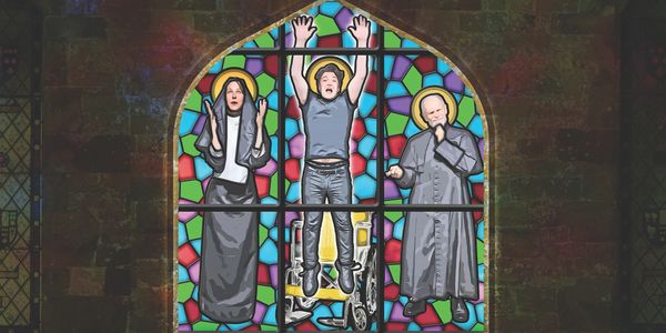 Modern stained glass window depicting three expressive human figures in vibrant colors.