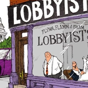 Cartoon of two lobbyists at a lobbyist office.