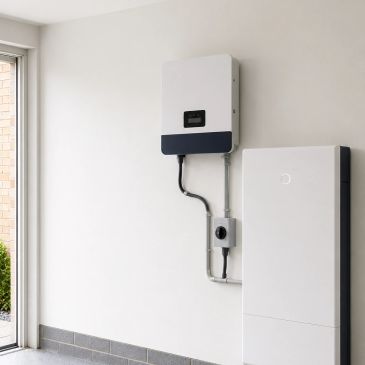 Inverter on a wall with cables heading to a battery also on the wall with an isolator.