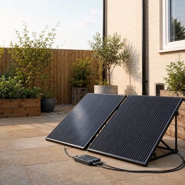 Two plug-in solar panels positioned on a patio beside a home.