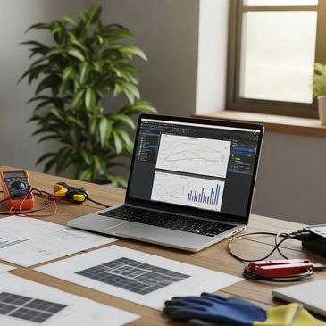 Laptop displaying energy graphs beside electrical testing equipment and solar plans.