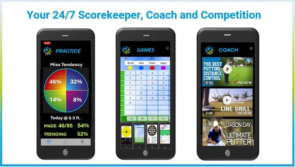 Mobile app screens show results from practice session, a game screen with 4 players, coach videos