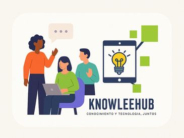 Tres personas conversan mientras usan un portátil. A la derecha, el logo de KnowleeHub con una table