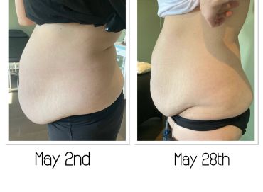 Side-by-side comparison showing belly changes from May 2nd to May 28th.
