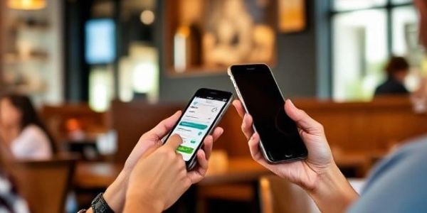 Person comparing two smartphones indoors in a café setting.