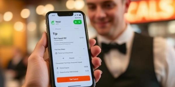 A person holding a smartphone displaying a tip payment app to a waiter.