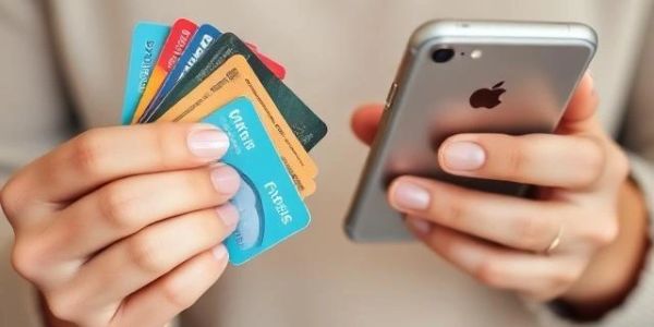Persona sosteniendo una tarjeta de crédito y un teléfono inteligente.