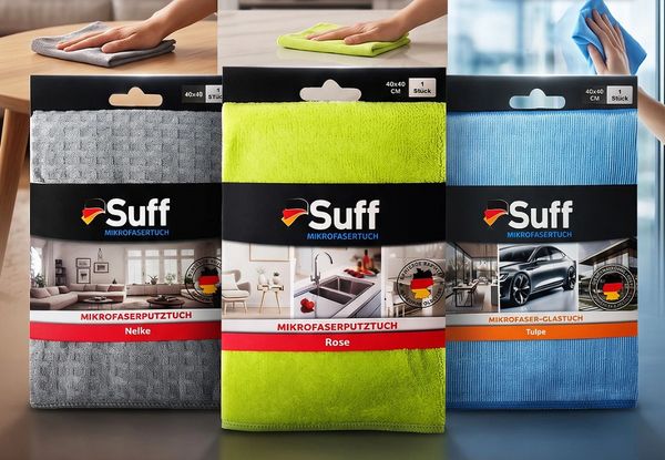 Mikrofiber temizlik bezleri üç renkte: gri, yeşil ve mavi.