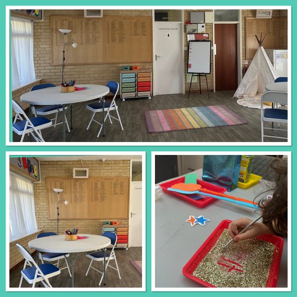 Cozy classroom with colorful rug, round tables, and a child crafting with glitter.