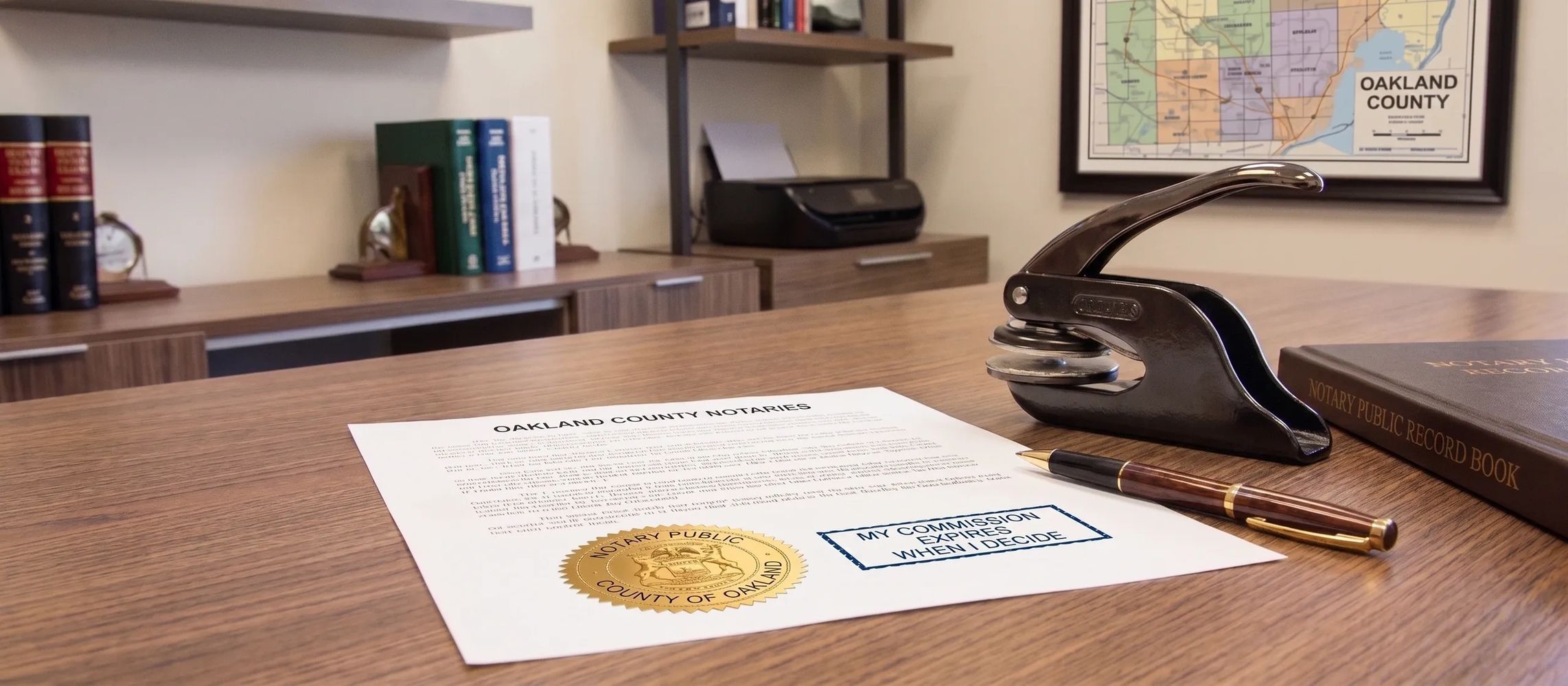 Notary public document stamp and pen on a wooden desk in a local office. Notary near me.