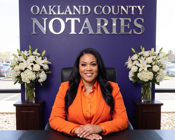 Professional woman in an orange suit seated at a desk with Oakland County Notaries sign behind.