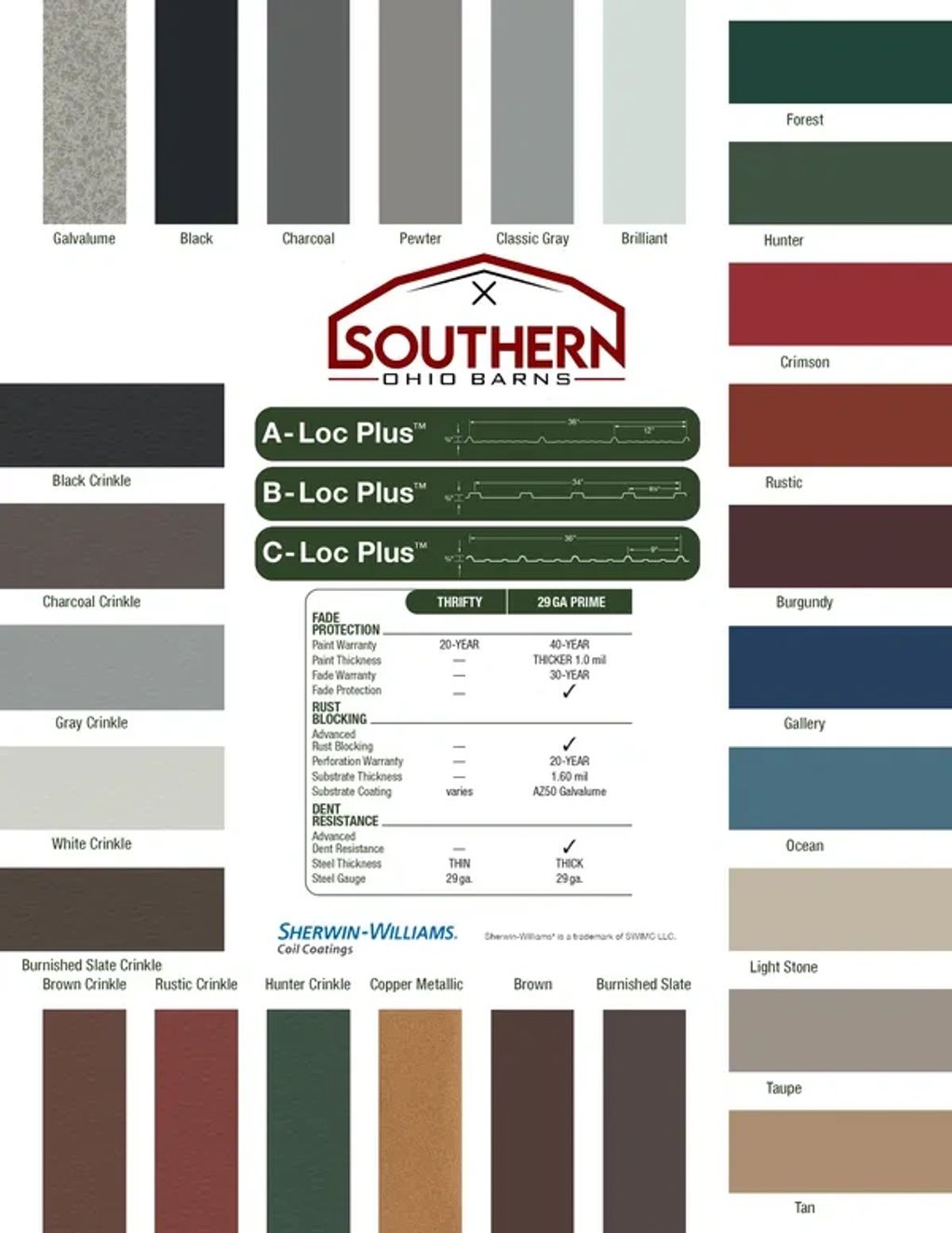 OUR PREMIUM 29G METAL SHERWIN VALSPAR WEATHER XL PANELS ARE WARRANTED FOR 40 YEARS. OUR ECONO LINE I