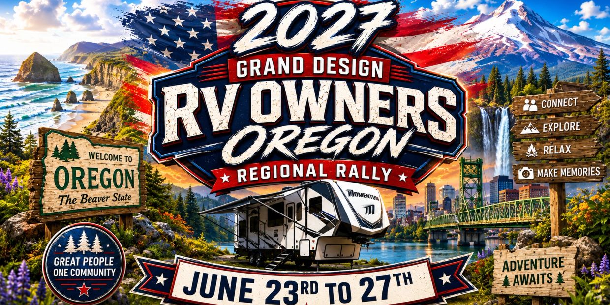Poster for 2027 RV Owners Oregon Regional Rally with scenic Oregon landmarks.
