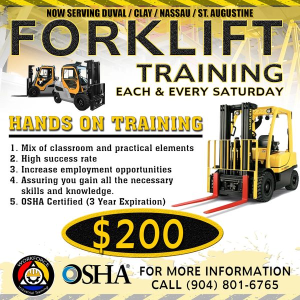 Workforce Industrial Training hands on forklift training every Saturday. OSHA 29 CFR 1910 Complaint 