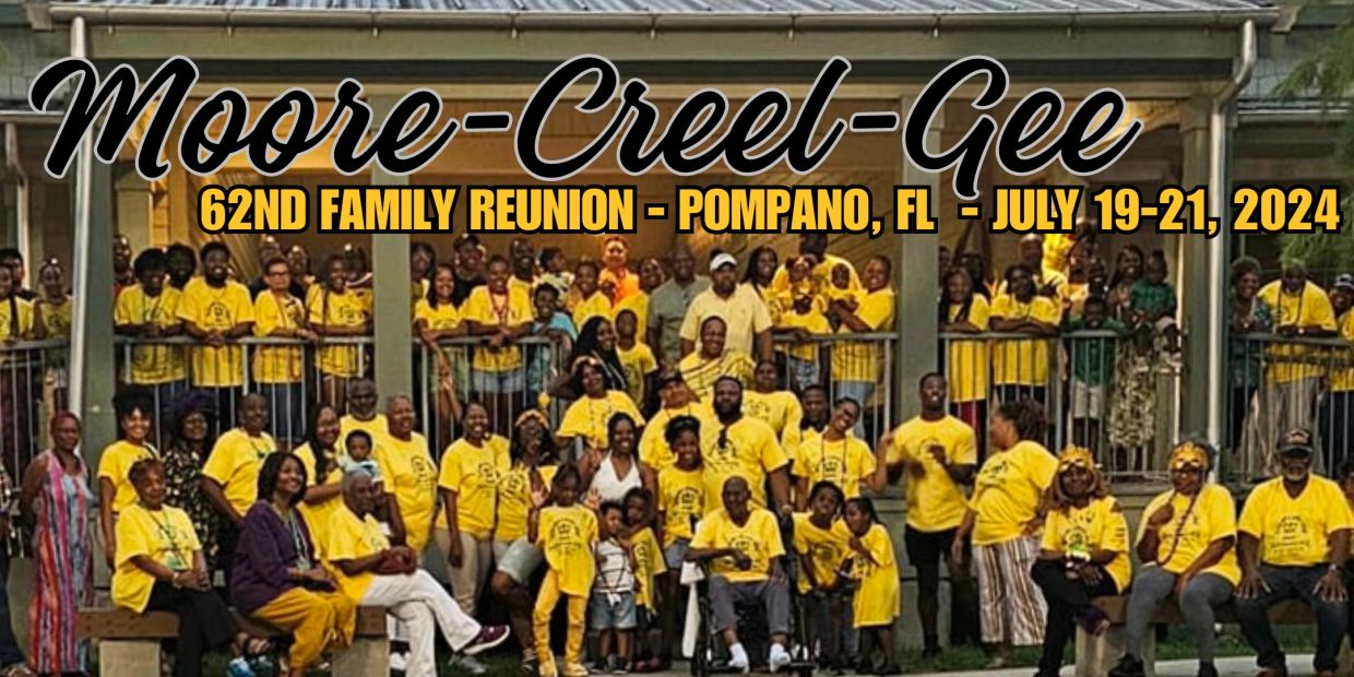 Large family group in yellow shirts at Moore-Creel-Gee reunion in Pompano, FL, July 2024.