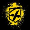 Abstract yellow and black logo with a splattered paint effect.