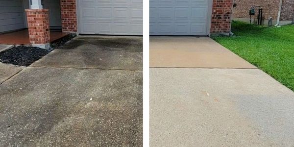 Before and after images of a cleaned driveway and walkway.
