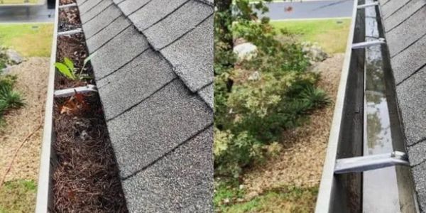 Before and after images of a cleaned gutter off debris.