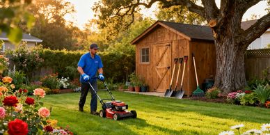 A man mowing a lawn in a garden with flowers and a wooden shed.