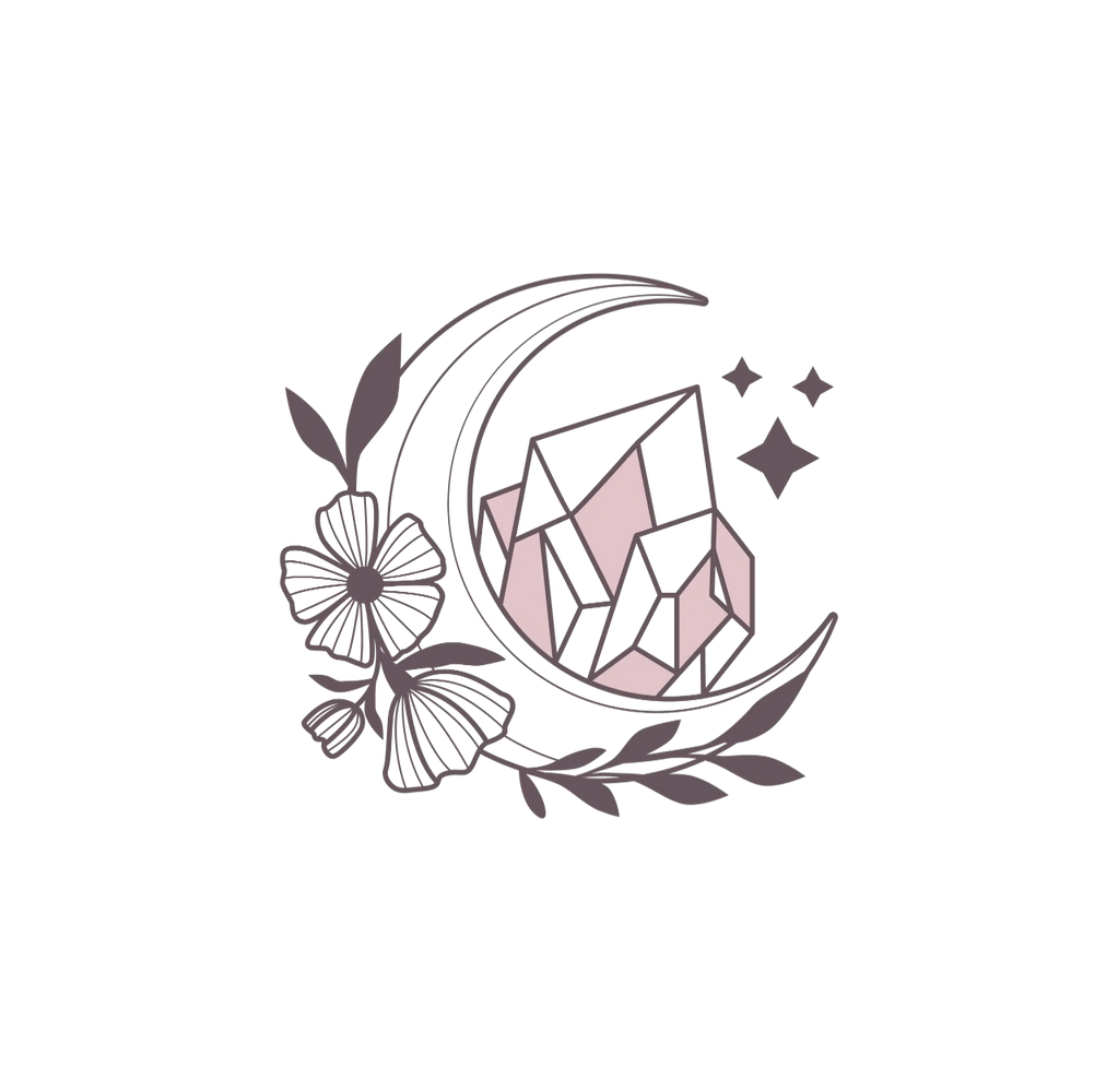 Crescent moon with crystals, flowers, and stars in soft pink and gray tones.