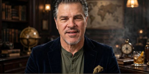 Middle-aged man in a cozy library setting.