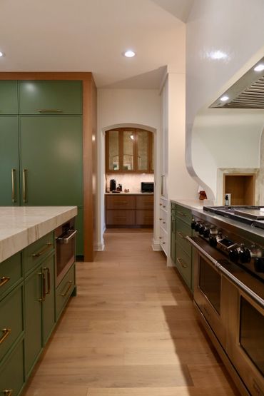 Modern kitchen with green cabinets, wood flooring, and stainless steel stove.