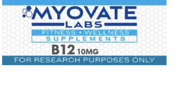 Myovate Labs B12 supplement label, 10mg, for research purposes only.