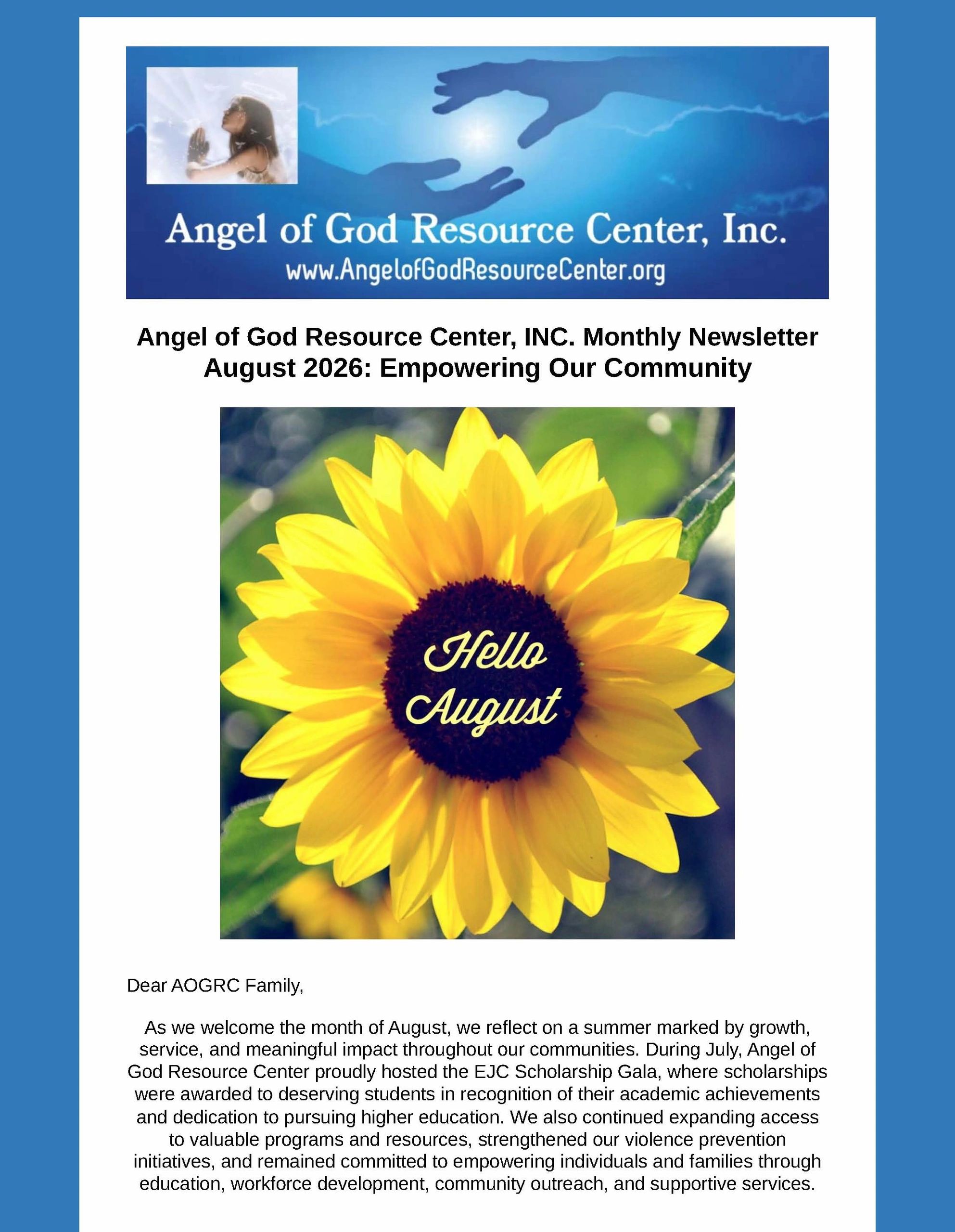 Newsletter cover with sunflower and welcoming August message from Angel of God Resource Center.