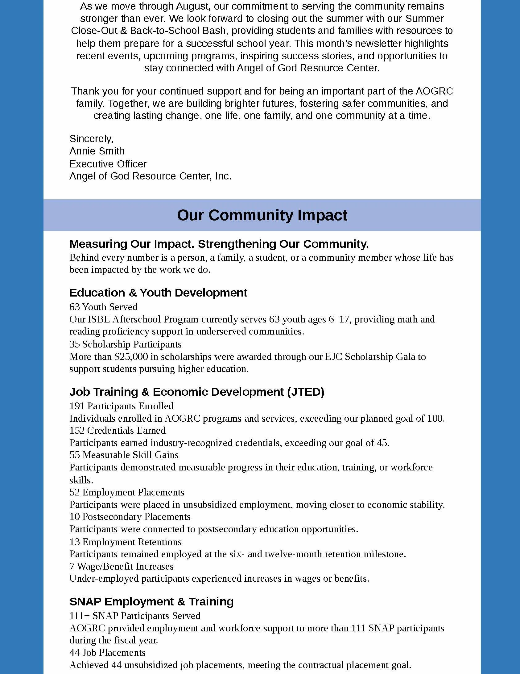 Community impact report from Angel of God Resource Center highlighting education and employment achievements.
