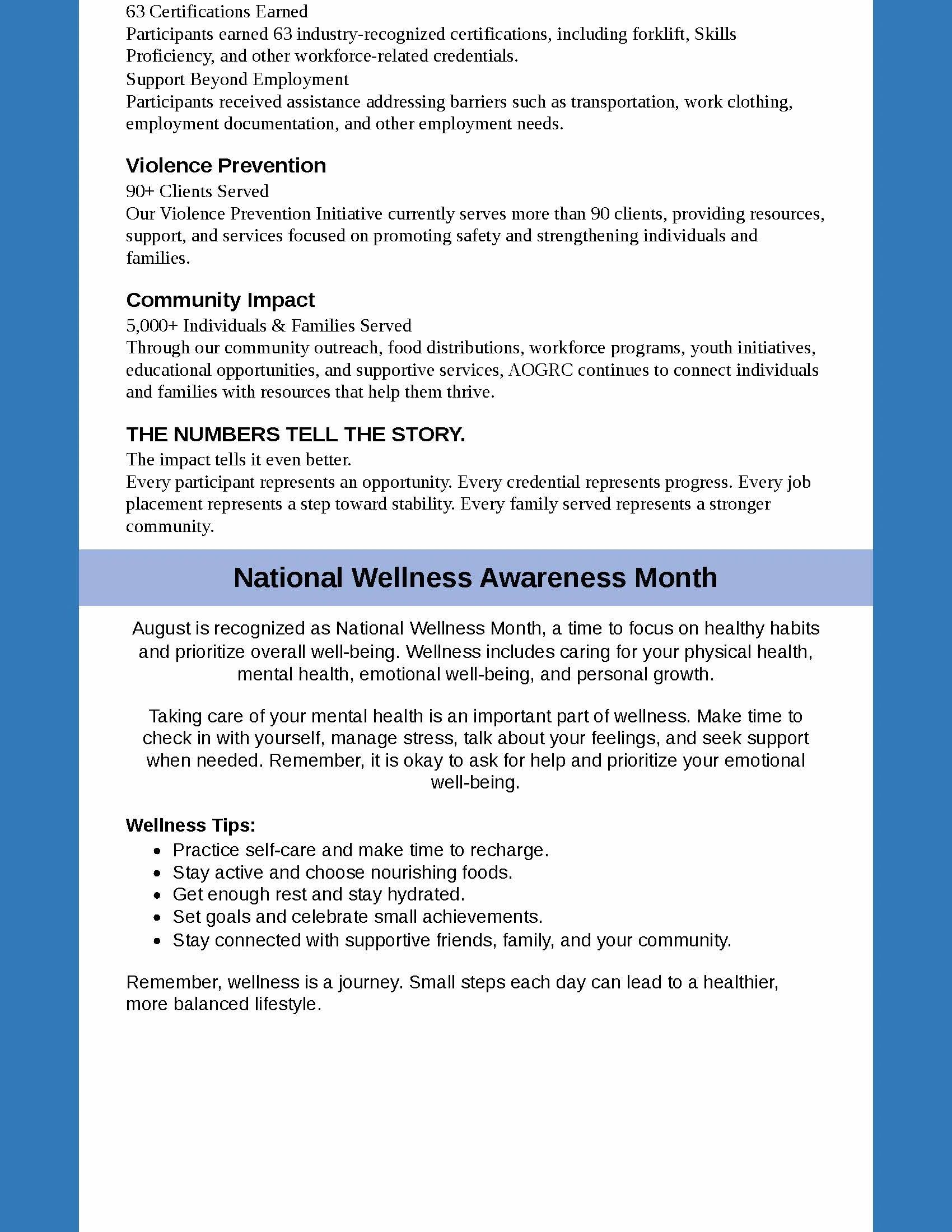Informational flyer on certifications, violence prevention, community impact, and wellness tips for National Wellness Awareness Month.