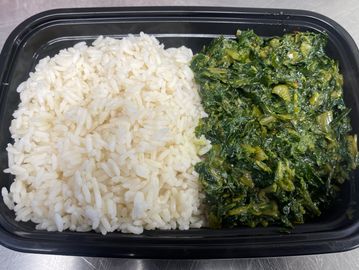 Rice and greens - collard greens (sukuma) and spinach seasoned with mild spices and slow-cooked.