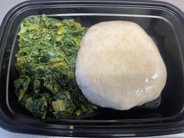 Farina mash served with greens (collard greens/spinach mix slowed-cooked in mild spices.