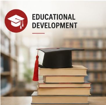 Graduation cap on a stack of books with educational development text.