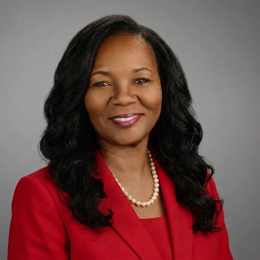 Professional woman wearing a red blazer and pearl necklace.