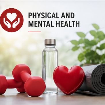 Dumbbells, water bottle, heart, and yoga mat promoting health.