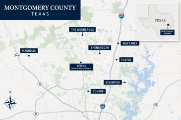 Map of Montgomery County, Texas, highlighting major areas.