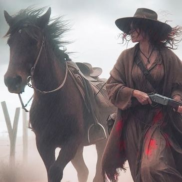 A woman with a rifle walks beside a horse under the title 'RED REBEL'.