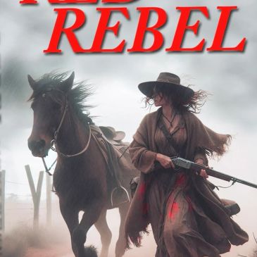 A woman in a wide-brimmed hat holding a rifle beside a horse in a dusty, dramatic setting.