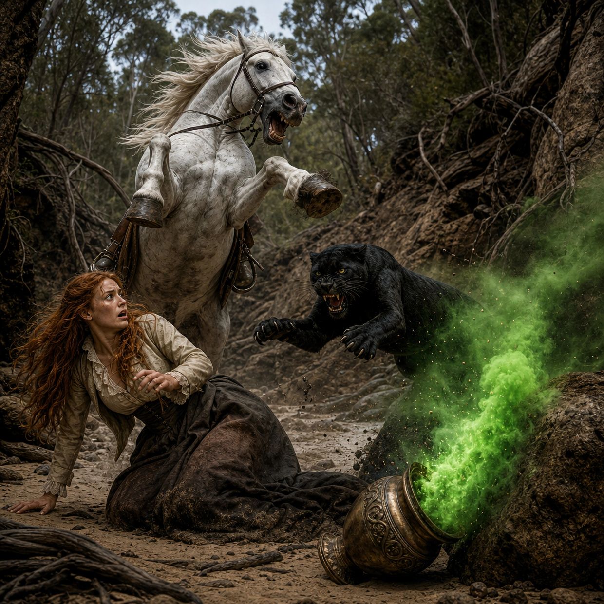 A woman on the ground, a white horse rearing, and a black panther attacking near a green smoke pot.
