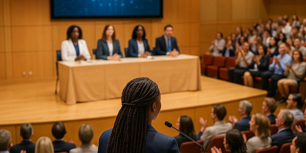A woman addresses a panel and audience in a conference room.