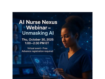 AI Nurse Nexus Webinar on October 30, 2025, showcasing a nurse using futuristic AI technology.